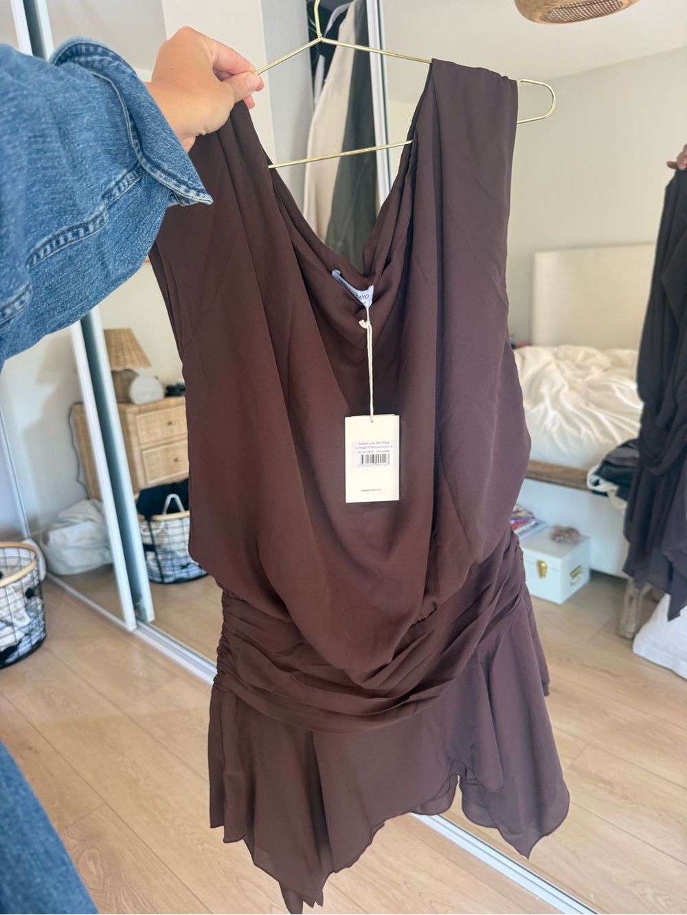 Peppermayo Chocolate Brown Asymmetrical Draped V-Neck Dress
